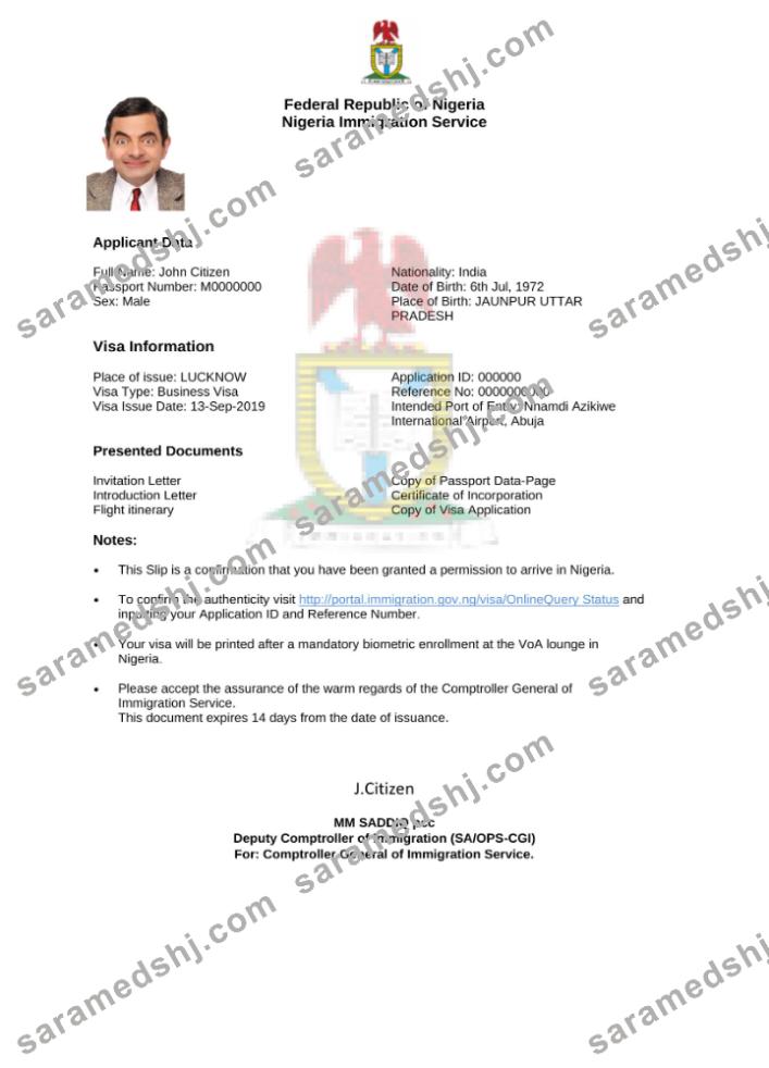Nigeria e-visa in Word and PDF template
